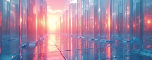 Glassy structures create futuristic pathway bathed in warm sunrise glow. Translucent pillars reflect pink sky and blue floor. Modern architectural scene evokes clean energy and innovation.