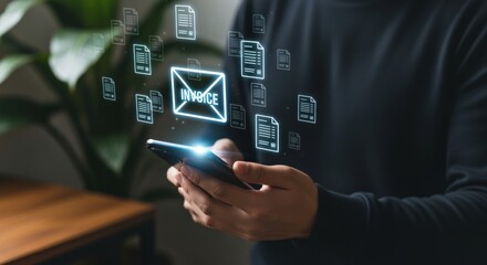 Man holds smartphone with digital invoice email, illustrating modern mobile accounting and financial technology