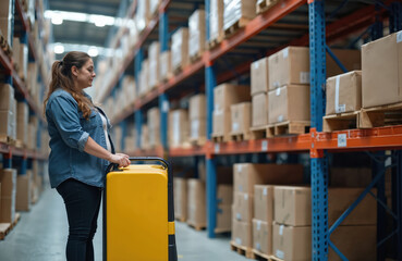 Woman works in large warehouse managing stock. She moves boxes with pallet truck and scans item location. This photo shows logistics process inside a distribution depot.