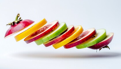 Fruit sliced into perfectly thin layers and suspended midair against a clean white background, captured with crisp studio lighting, highlighting freshness, precision, and modern food photography.
