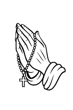 Hands praying rosary cross outline vector black icon isolated illustration image decal design