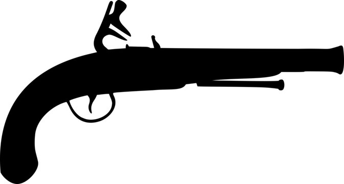 Vintage historical pirate flintlock pistol black silhouette isolated vector icon illustration image decal clipart design