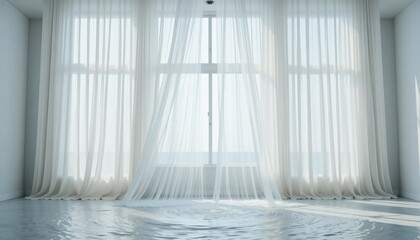 Bright interior room with sheer white curtains partially obscuring a window water pooling on the floor