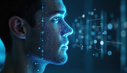 Man face with digital particles projected onto skin. Future tech scans face, biometric data analyzed for security or identity. AI processes information, creating abstract digital network.