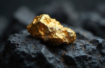 Macro shot of rough golden nugget resting on dark igneous rock surface. Precious metal detail, natural mineral texture, raw wealth discovery.