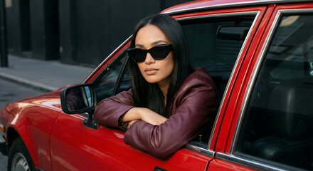 Fashionable elegant confident redhead woman with marsala color lips, eyes makeup, wearing faux leather jacket, classic pink blazer, posing, sitting in the red vintage car