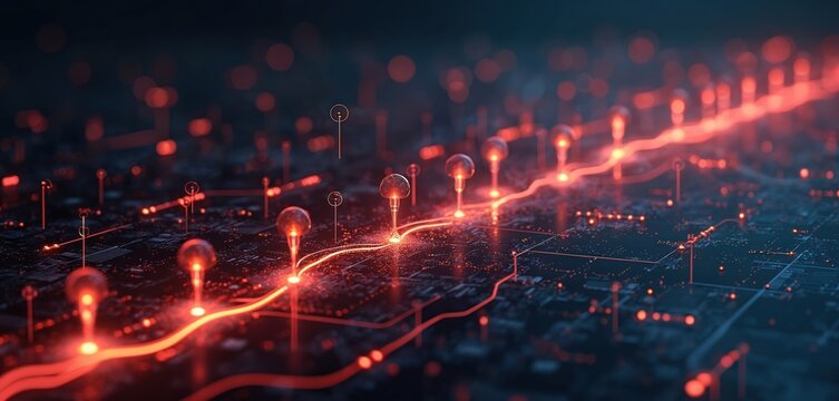 Digital roadmap shows glowing pathways connecting nodes. Data points pulse on complex circuit board. Futuristic infographic displays network progress. Abstract tech network with red light.