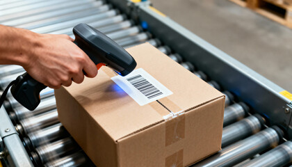 Close-up of a worker scanning a barcode label on a shipment box using a handheld device on a conveyor.