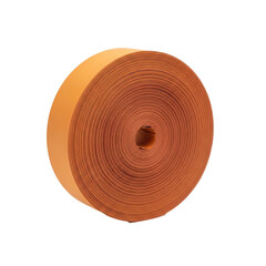 A large roll of orange material, possibly fabric or foam, is shown against a white background, highlighting its circular shape and texture