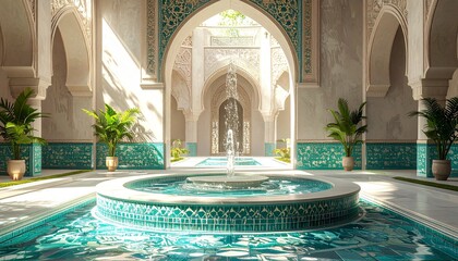 Moroccan Courtyard with Fountain, Ornate Architecture and Teal Tiles