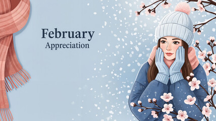 Illustrated young woman in winter hat and gloves, surrounded by cherry blossoms and falling snow, for seasonal transition concept and February appreciation
