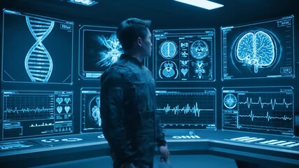 A serious technician analyzes complex biological data, including dna and brain scans, displayed on multiple futuristic screens in a dark, intense blue-lit control room. - Powered by Adobe