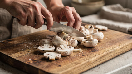 Hands chopping fresh mushrooms on a rustic wooden cutting board for cooking