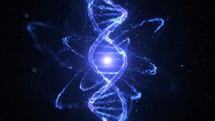 Deep blue, mysterious dna double helix structure rotating and pulsating with a bright central core, captured in an abstract digital rendering on a dark background. - Powered by Adobe