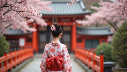 Young japanese woman in floral yukata walks towards red torii shrine gates. Pink cherry blossoms bloom on trees, framing serene spring garden path. Woman wears obi sash, hair adorned with flowers.