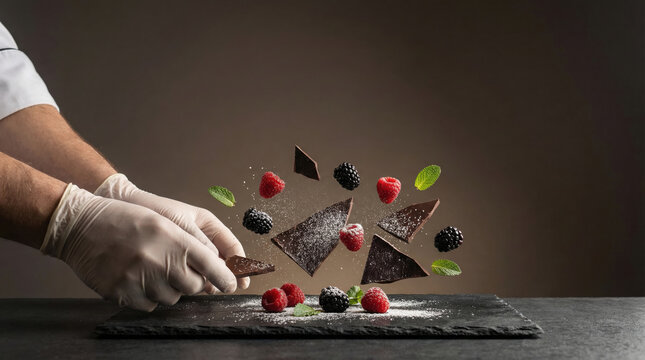 Chef preparing dessert with flying chocolate shards, berries, and mint leaves - Powered by Adobe