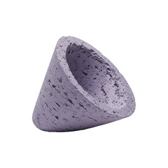 A unique, hollow, conical object with a porous texture and a light purple hue, isolated on a white background