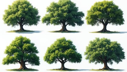 Six lush green trees displayed from above. Full leafy canopies crown thick trunks, visible roots spread wide across the ground. Diverse tree tops isolated on white background for design.