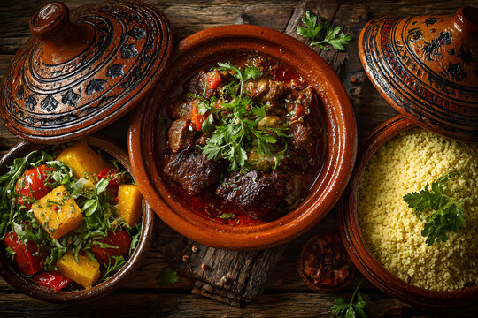 Traditional tajine dishes, couscous and fresh salad on rustic wooden table. Tagine lamb meat and pumpkin. Top view. Flat lay