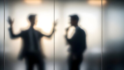 Mysterious silhouettes of two businessmen in conversation behind frosted glass, symbolizing abstract communication and professional discussion in a modern office environment