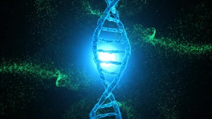 A futuristic visualization of the genetic code features a bright blue glowing dna strand surrounded by dynamic green particles in a dark, abstract environment. - Powered by Adobe