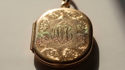 A detailed image of a closed golden oval locket with ornate engraving and a chain