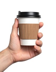 A hand holds a takeaway coffee cup with a brown sleeve, against a crisp, clean white backdrop
