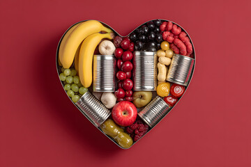 Heart shape made of tin cans with food on color background