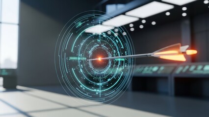 A glowing arrow hits a digital bullseye in an industrial setting, concept of precision