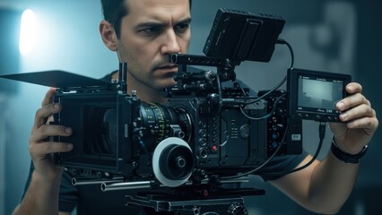 A focused man adjusts a professional camera, illuminated by studio lights