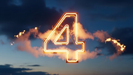 A glowing neon-like number four surrounded by smoky flames, against a cloudy twilight sky