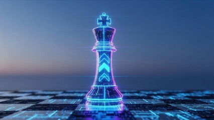 A glowing, digital chess king piece with data lines sits on a tech-enhanced board