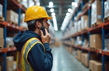 Man in hard hat and safety vest talks on radio in warehouse aisles. He supervises stock on shelves. He manages goods and parts for delivery.