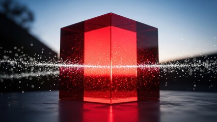 A glowing red transparent cube, surrounded by particles, on a reflective surface, outdoors