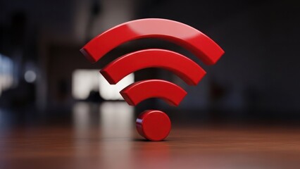 A shiny red WiFi symbol stands on a wooden surface, blurred background suggests indoors