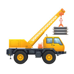 Fototapeta premium Yellow mobile crane lifting steel bars, construction industry vehicle, isolated on white
