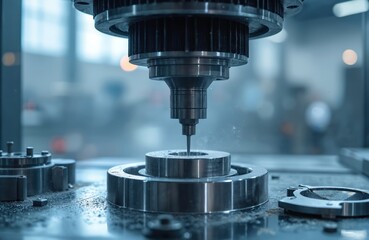 Automated machine arm measures metal jet engine part dimensions. Precision probe calibrates part shape. High tech factory production line inspects mechanical components.