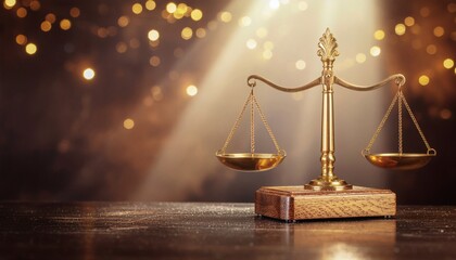 A gold scale of justice sits atop a book on a reflective surface with a dramatic spotlight and bokeh background.