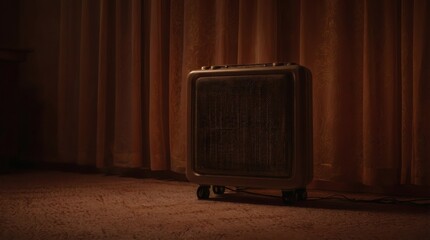 A vintage suitcase on wheels sits in front of a richly textured brown curtain with warm lighting.