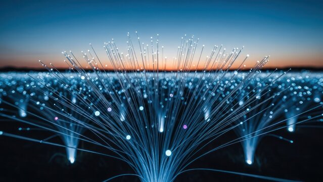 Abstract field of blue glowing fiber optics against a vibrant sunset sky - Powered by Adobe