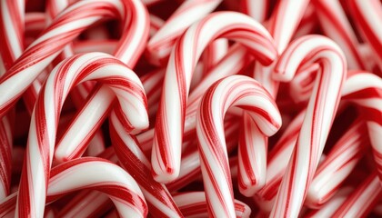 Close-up of a large pile of traditional red and white striped candy canes on a white background, showcasing their classic hook shape and festive colors.
