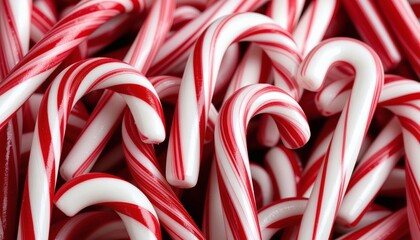 Close-up of a pile of traditional red and white striped candy canes on a white background with a festive holiday theme.