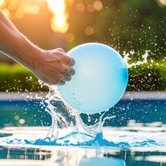 A hand plunges a blue balloon into a swimming pool, water splashing, with a bokeh sunlight background