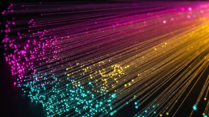 Close-up of glowing colorful fiber optic strands, radiating from a dark background