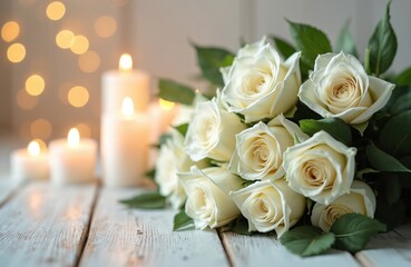 Obraz premium White roses bouquet with burning candles create somber mood for remembrance and peace. Soft lights and floral arrangement set a solemn tone for sympathy and grief.