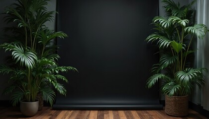 Two green potted palm plants frame a black backdrop. Natural light falls on the wooden floor. The setup suggests a minimalist studio for photography or content creation.