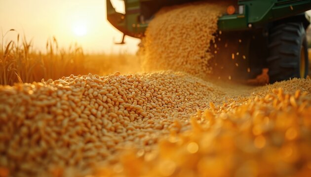 Harvester unloads golden soybeans into truck. Fresh crop falls onto piled beans in sunlit field. Autumn agriculture scene shows rich harvest and farmland bounty.
