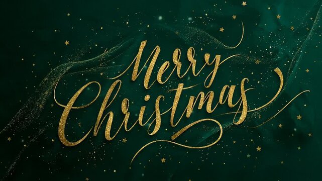 Elegant Christmas Greeting Card with Gold Script Text and Festive Gold Stars on Dark Green Velvet Background