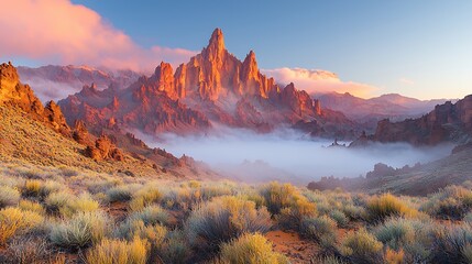 Misty Desert Landscape With Towering Rock Formations Under Early Dawn Light Capturing the Dramatic Stillness of Earths Remote and Wild Beauty