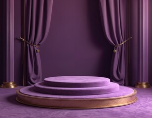 Luxurious purple velvet stage with gold trim. Two tiers rise on a carpeted floor. Ornate columns and draped curtains frame the display area. This elegant setup suggests exclusivity and prestige.